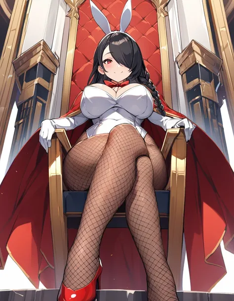 1woman,solo,25 years old,black-hair,long-wavy-hair,shiny-hair,hair-over-one-eye,side-braid,scarlet-eyes,huge_breasts,tall-stature, voluptuous,wide_hip,bunny_costume,fishnet_pantyhose,red_high_heels,red_royalty_long_cape,sitting and crossed legs on the thro...