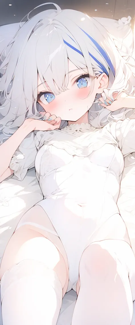 beautiful, masterpiece, Highest quality, anime, One girl, C Cup,Portrait Shot, View your viewers, Covered、Medium Hair、nearby、Blue Eyes、art、、White hair,Blue streaked hair、wallpaper、Stirring face、Thighs、Cute、bed、white_Body stockings、valley、Lying on your back...