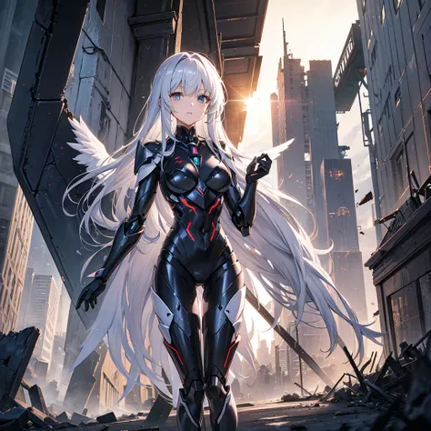 female mecha wings of angel, in black armor, in a destroyed city, the night, with an eclipse in the background