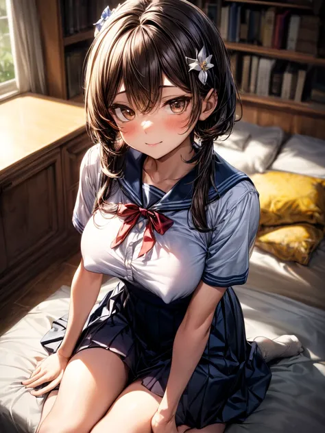 (High School Uniform:1.5)、(Spread your legs)、(Rich color expression)、(Big Breasts)、8K resolution、 masterpiece、((Highest quality))、Anatomically correct、The girl is alone、(I narrowed my eyes a little.:2)、(Flower Hair Ornaments)、(tie)、(ribbon)、(Check long ski...