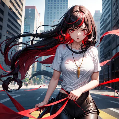 anime panel,upper body, 1girl solo, adult, Korean, black hair,curly hair, with red highlights , red slanted eyes, spy clothes, necklace, city background , expression of pain, bleeding bruises,