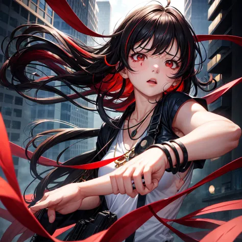 anime panel,upper body, 1girl solo, adult, Korean, black hair,curly hair, with red highlights , red slanted eyes, spy clothes, necklace, city background , expression of pain, bleeding bruises,