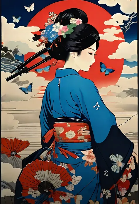 Black background. Distant view. A woman in a Meiji-era kimono stands staring in front of her with a gun at the ready. Around her, a flock of blue butterflies flit about like a storm. In the style and pose of the Japanese ukiyoe "Mukorogi Bijin".