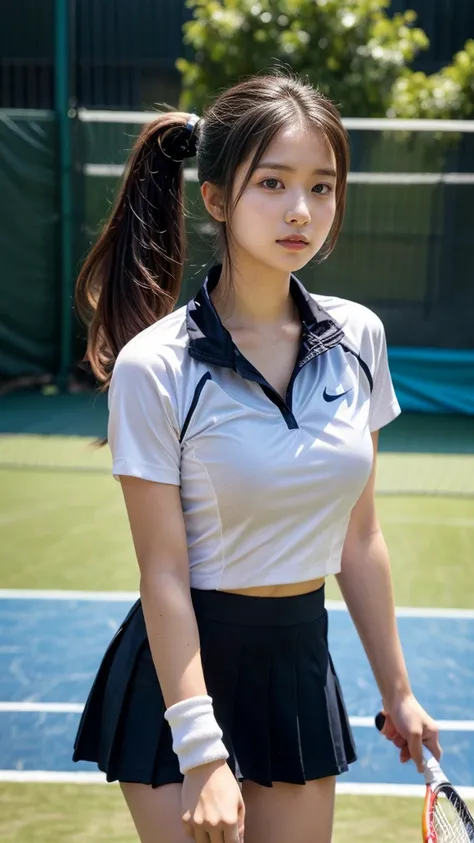 masterpiece, best quality, illustration, Super detailed, fine details, High resolution, 8K,wall paper, perfect dynamic composition, front view, standing, leaning forward, 18 year old girl, tennis player, Gravure Idol, cute type, (Details High quality, real...