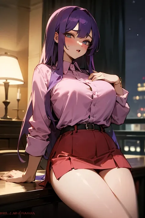 20 year old sexy woman, long purple hair and pink shirt, very big chest, red short skirt , at night, not apartment, on the table with drinks (much sexier)
