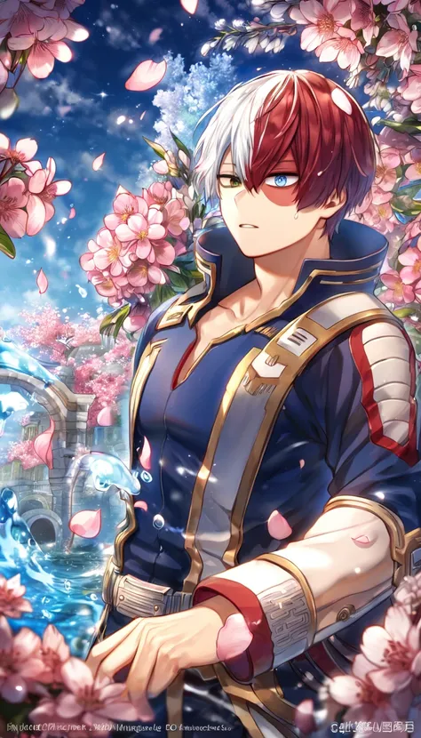 Ultra detailed, highres, absurdres, HDR, master piece, Todoroki Shouto, bicolor hair, right side is white, left side is red, heterochromia, right eye is grey, left eye is blue, Boku No Hero Academia, fantasy, pink petals, water, pink flowers, handsome, sex...