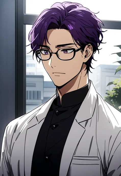 A handsome Korean male doctor, with purple hair, wearing glasses, and into anime 