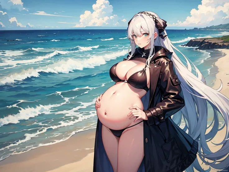 2 Girls，seaside，Long hair，Huge breasts，pregnant，Coat