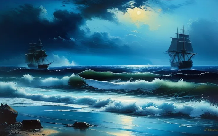 (((Blue coast, low tide))), high quality, masterpiece,((Ivan Aivazovsky style)), dark color, marinism, oil painting knife, ((best quality, masterpiece)), (high detail), impressionism:1.1, 8k