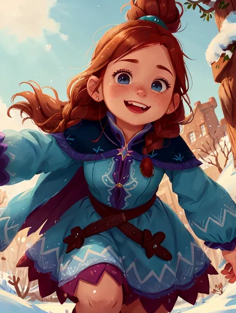 Create a vibrant 4K resolution close-up portrait of Anna, the spirited Disney princess from "Frozen":

Visualize Anna with her distinctive features: her auburn hair styled in two braids or a loose ponytail, with a few strands playfully framing her cheerful...