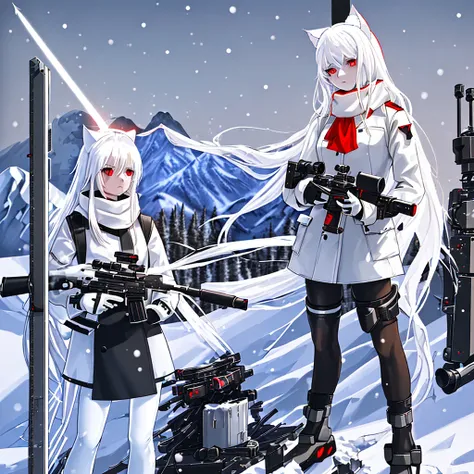 White hair, cat ears, 1 girl, white pantyhose, red eyes, military, sci-fi drones, white scarf (white scarf covering the neck), gray angelic halo, holding a sci-fi rifle, high quality, no water marks, snow, mountain (snowy mountain)