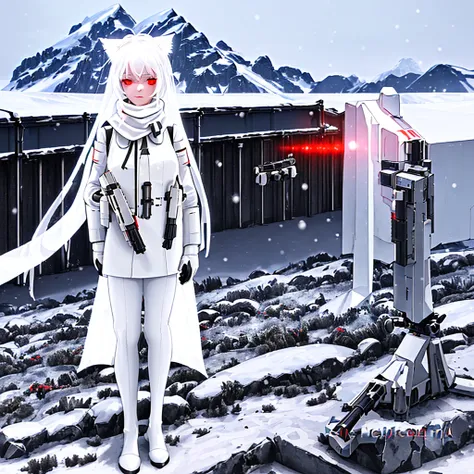 White hair, cat ears, 1 girl, white pantyhose, red eyes, military, sci-fi drones, white scarf (white scarf covering the neck), gray angelic halo, holding a sci-fi rifle, high quality, no water marks, snow, mountain (snowy mountain)