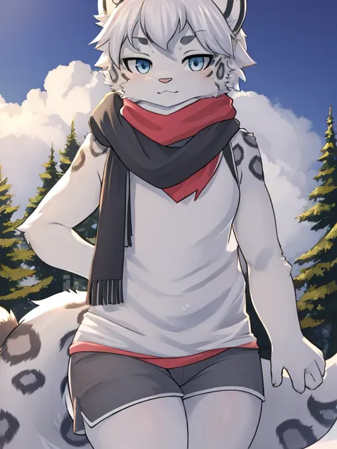 snow leopard，White hair，hairy，full，White belly-baring dress，scarf，Grey shorts