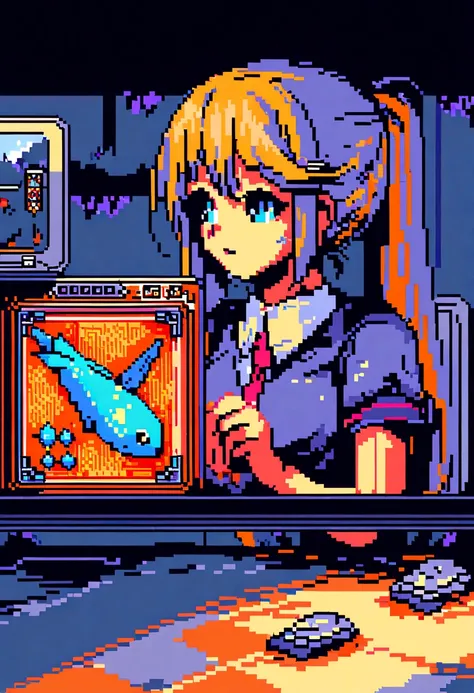 (Best Quality,high resolution), pixel art, vibrant colors, nostalgic atmosphere, Immersive gameplay, 16-bit graphics, pixel perfect controls, young woman,  company director, working