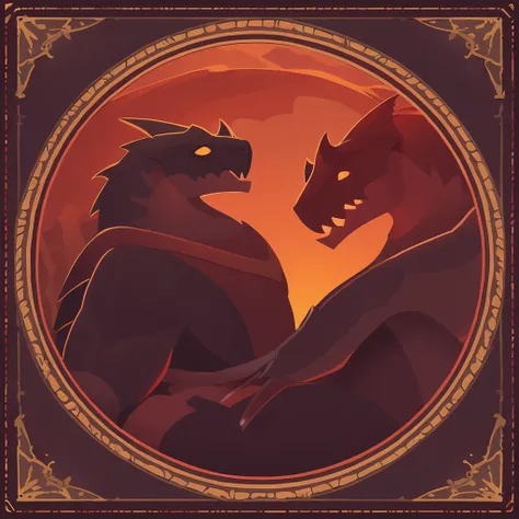 Tyrannos with red orange and dark-red color palette with background in storybook art style