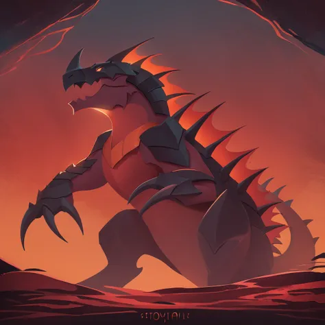 Tyrannos with red orange and dark-red color palette with background in storybook art style