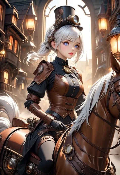 A beautiful android girl with short fluffy white hair riding a steam-powered mechanical horse through a steampunk world, brass-colored mechanical body with cute horse ears, friendly looking steam-powered horse, steampunk style village with brass-colored ho...