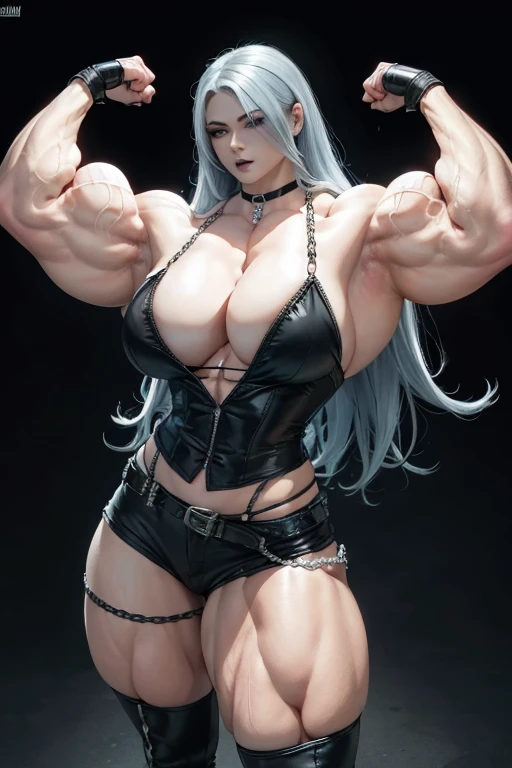 (((Massive tall, beautiful, buff, pale white skinned muscular woman with cyan hair, black lipstick, ginormous bulky muscles, surrounded by chains and wearing a beautiful black unbuttoned blouse with a beautiful black tight pants))), (close view), massive m...