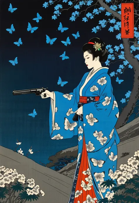 Black background. Distant view. A woman in a Meiji-era kimono stands staring in front of her with a gun at the ready. Around her, a flock of blue butterflies flit about like a storm. In the style of Japanese ukiyoe. Flamboyant action poses.