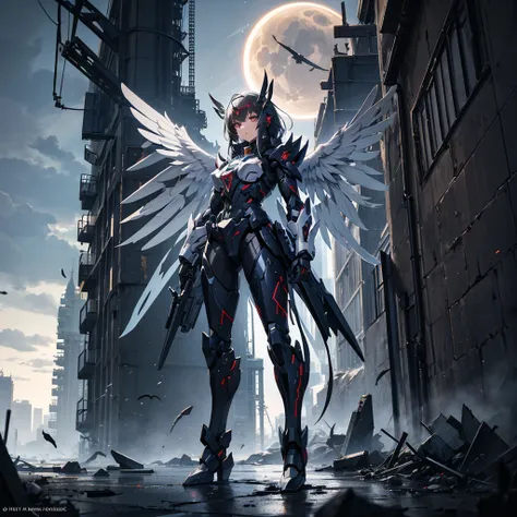 female mecha wings of angel, in black armor, in a destroyed city, the night, with an eclipse in the background