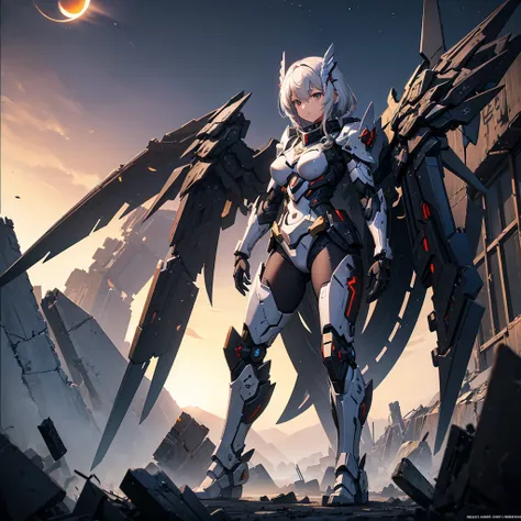 female mecha wings of angel, in black armor, in a destroyed city, the night, with an eclipse in the background