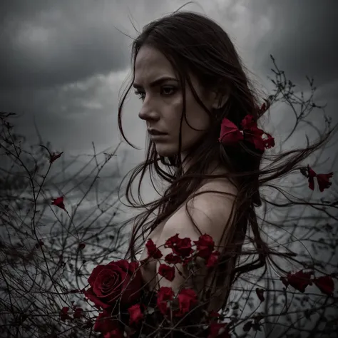 Descend, Red rose, beautiful woman, sad expression, faded elegance, moving atmosphere, lost beauty, melancholia, aura, hauntingly captivating, eternal punishment, stark contrast, delicate decadence,line art,backlighting,wind,backlighting,star dust,(wind:1....