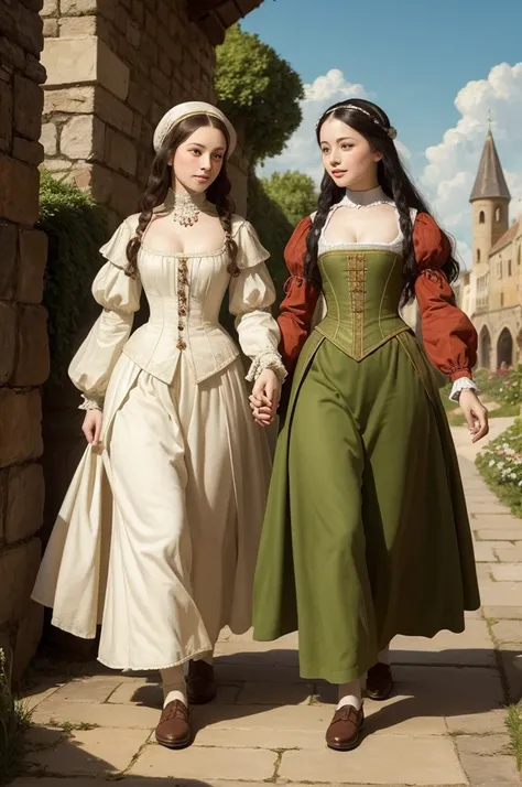 Two full-length women dressed in typical 16th-century costumes are walking and chatting happily. They are set in a medieval setting, and the style of the painting is similar to that of Leonardo da Vinci, with detailed attention to fabrics and facial expres...