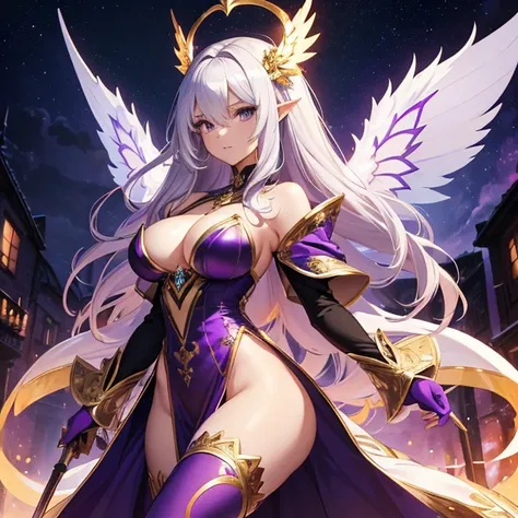 (Very detailed best high quality image, very detailed background, very detailed character and image)
1elfwoman: silver hair, long spiky silver hair with golden ahoge, purple eyes, pointy short ears, pale white skin, voluptuous figure, big breats, big butt,...