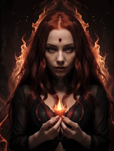 A mysterious and powerful woman with long red hair wearing a flowing dark transparent lingeries with red accents. She has a serious expression and is holding flames in her hands, exuding an aura of magical power. The background is dark and smoky, enhancing...