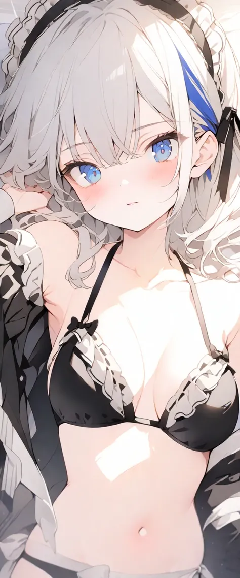 beautiful, masterpiece, Highest quality, anime, One girl, C Cup,Portrait Shot, View your viewers, Covered、Medium Hair、nearby、Blue Eyes、art、、White hair,Blue streaked hair、wallpaper、Stirring face、Thighs、Cute、bed、valley、Lying on your back、Maid Bikini、Bikini M...