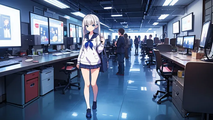 1 beautiful girl, great image quality with lots of detail, ray tracing, in a navy sailor , long stockings, blue eyes, white hair, , in a neon room, PC gaming, perfect anatomy, full body.