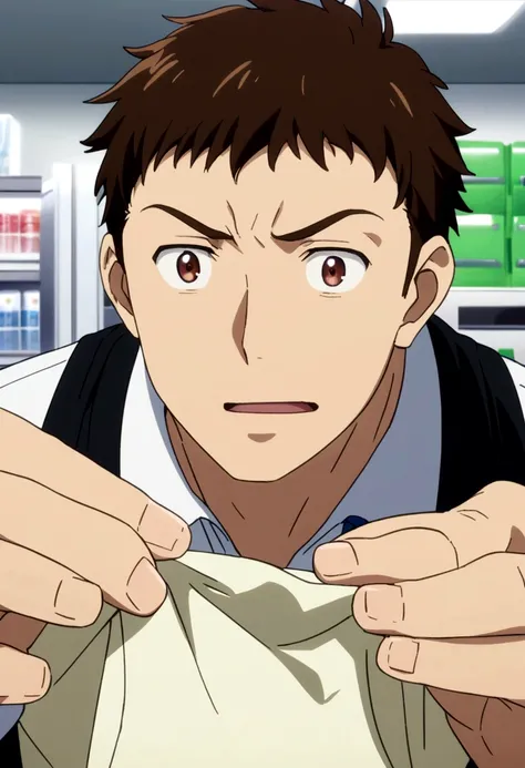 A man working at a bank, with brown hair, fair skin, friendly, anime 