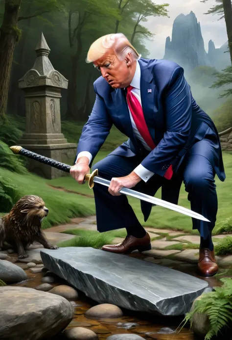 A  photo realistic painting inspired by arthurian legend of Donald Trump pulling the mythic sword from the stone. as Joe Biden falls to his knees in fear, his devilish plans thwarted.
