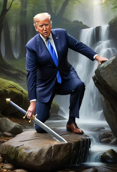 A  photo realistic painting inspired by arthurian legend of Donald Trump pulling the mythic sword from the stone. as Joe Biden falls to his knees in fear, his devilish plans thwarted.
