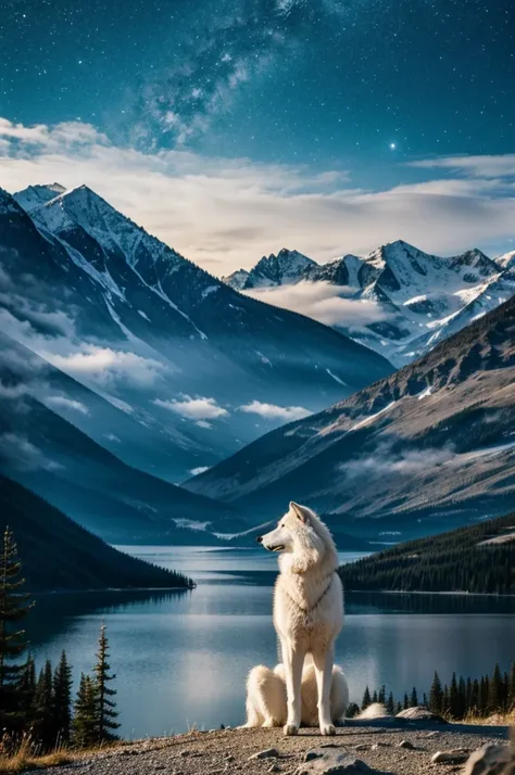 A white wolf looking towards a lake surrounded by mountains at night 