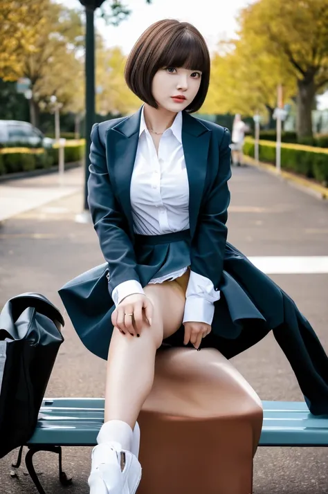 a 21 year old face of the most beautiful actress in the world, the perfect body proportions of a female, blazer is worn on formal shirt, exposed panties between opened legs under short skirt, female genitalia of lower body under detailed panties, pretty sh...