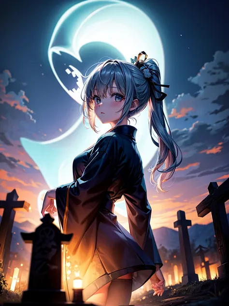 Highest quality,Highest Resolution,Cemetery at night,Ghost Girl,Japan,Ghost,