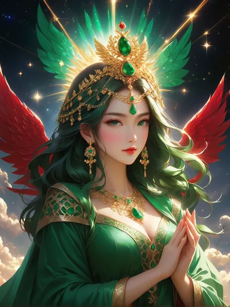 Imagine a grand scene。1 The girl sat majestically on a throne made of emeralds and rubies，Behind her is a huge canopy，Towering into the sky，Made of equally impressive jewellery，The universe forms the backdrop for this gorgeous scene，She exudes noble elegan...