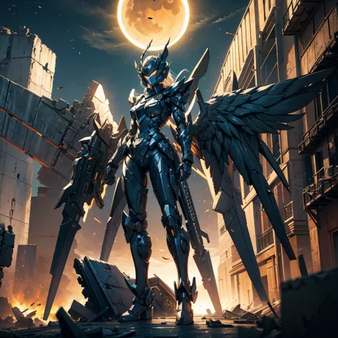 female mecha wings of angel, in black armor and helmet, in a destroyed city, the night, with an eclipse in the background