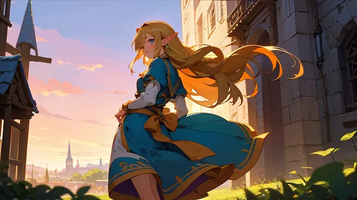 Anime Style,Nostalgic,Detailed background,The medieval world,A lively bar with lots of people,Beautiful sky,A beautiful bard elf girl looking back at me,Protruding buttocks,I can see the distant scenery