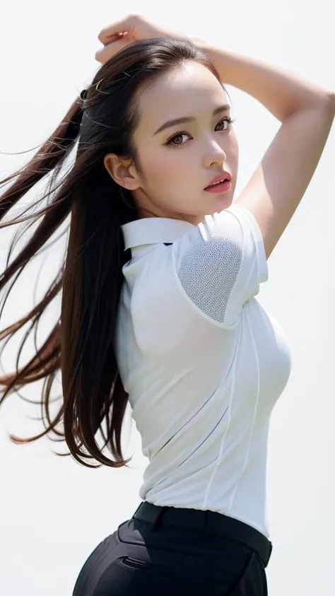 (((forehead、Northern Europe、White people、beautiful girl、Black Hair、White background、Professional Golfer、Golf Wear)))、table top, highest quality, figure, super detailed, finely, High resolution, 8k wallpaper, Perfect dynamic composition, detailed and beauti...