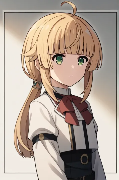 score_9, score_8_superior, score_7_superior, sauce_anime,
One girl, View your viewers, Portraiture,
Norn_Greyrat, bangs, Blonde, Long Hair, Yellow-green eyes, Ahoge, Side Lock, blunt bangs, Hair flap, Low Ponytail,
Long sleeve, Red bow tie, White shirt, , ...