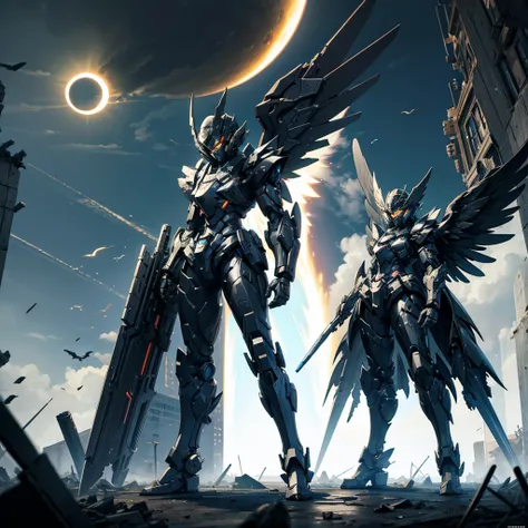 female mecha wings of angel, in black armor and helmet, in a destroyed city, the night, with an eclipse in the background