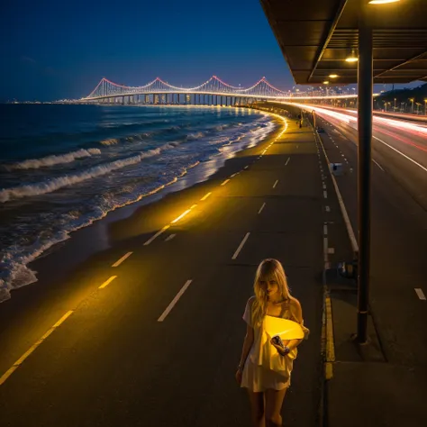 Shonan Coast at Night　Expressway　Tropical night　summer　Neon Light　Blonde gal&#39;s back view　anime