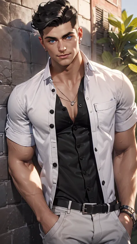 ((the best quality)), ((Masterpiece)), (details), perfect face, high definition, Masterpiece,4k,details clearly, Handsome face, white skin, perfect body, male body, strong muscles, abdomen, blue eyes, white skin, The most handsome man in the world, handsom...