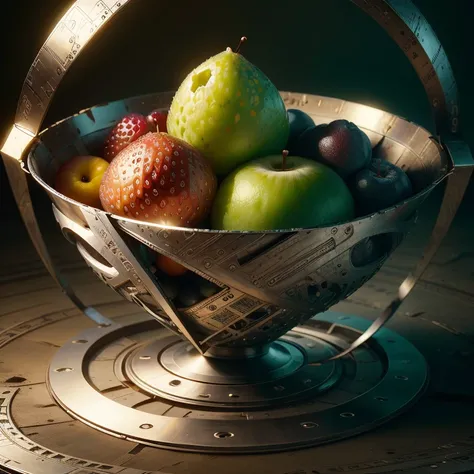 leading technology , science fiction, geometric steel,  
a bowl of fruit ,