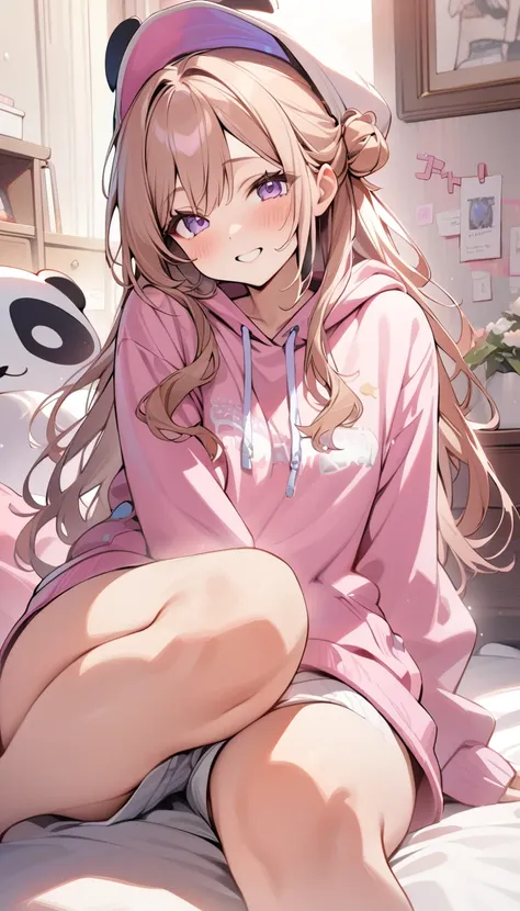 anime girl sitting on a bed with her legs crossed