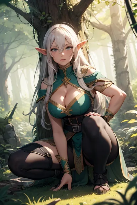 Giant and beautiful elf in her forest , crouched