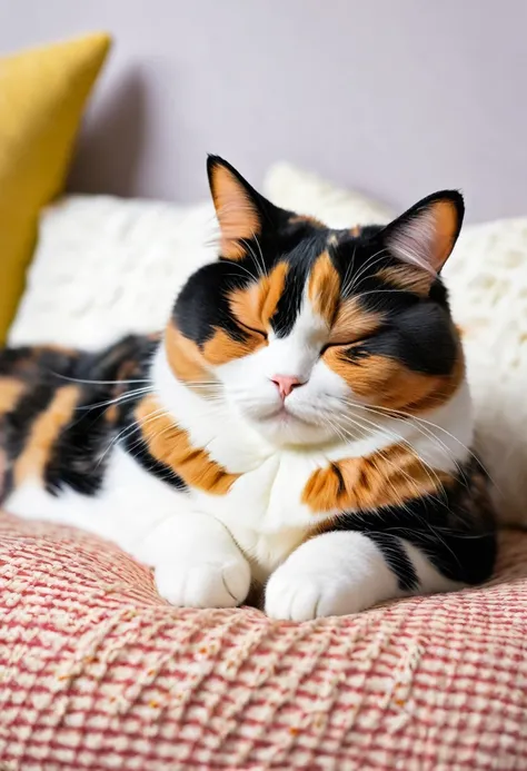 Adorable fat calico cat　On the cushion　Sleeping on one&#39;s back in pajamas