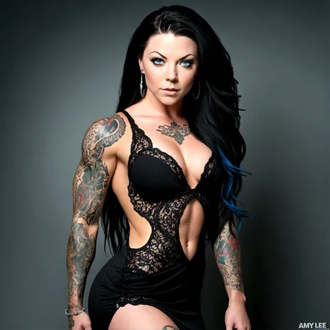 Create a hyper detailed photograph of a tattooed muscular young sexy amy lee , Stunningly perfect gorgeous face, perfect makeup, detailed vibrant eyes, long hair, big beautiful muscular legs, big beautiful muscular arms, big back muscles, perfect body, mus...